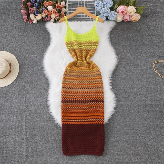 French style Vintage Ombre Striped Sleeveless Slip Knit Dress Orange - Shop at LoveMi