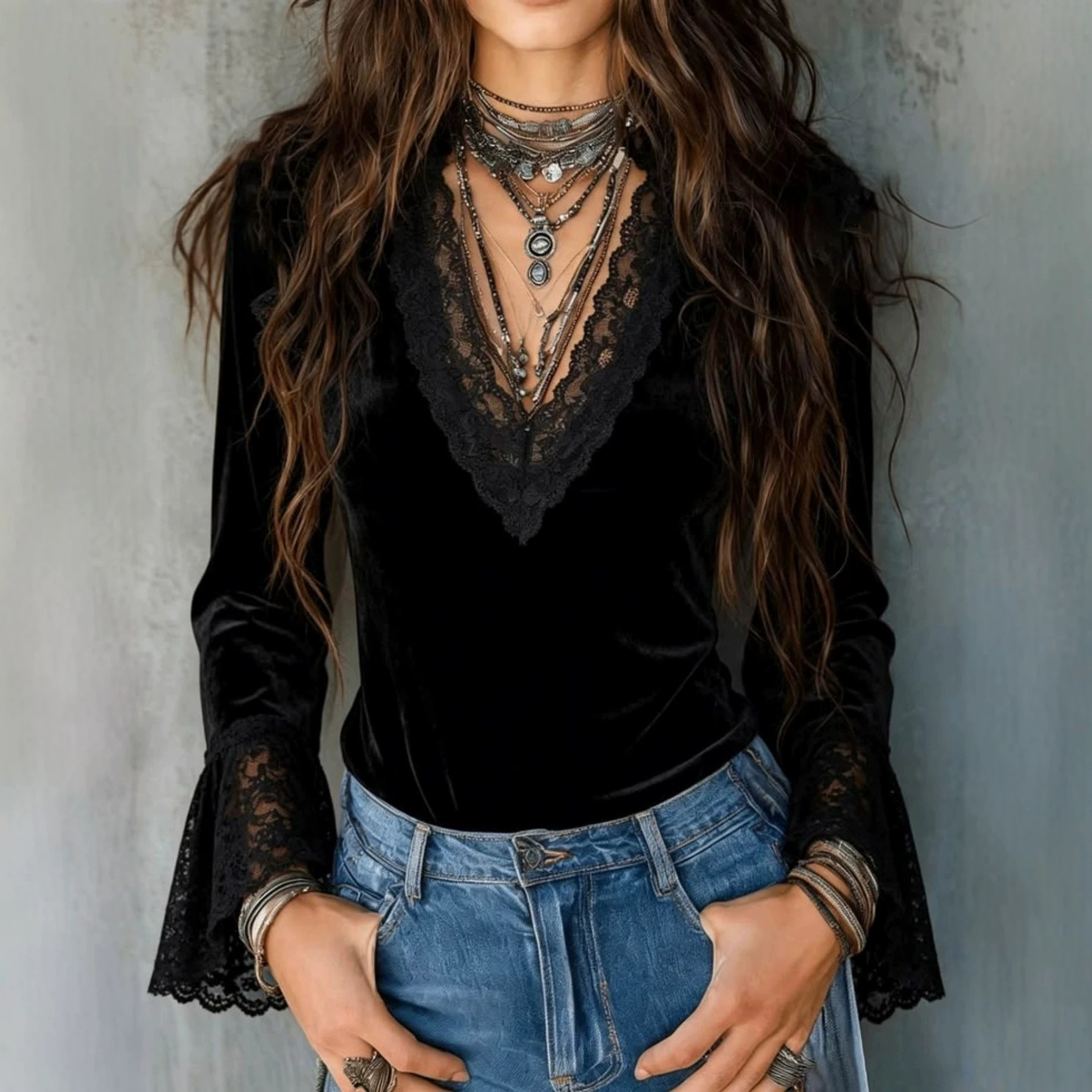 New Velvet Patchwork Deep-V Lace-trimmed Flared-sleeve Slim-fit Long Sleeves