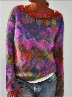 Printed Long Sleeve Collar Sweater Women's Polyester Multi-colour Retro - Rose Red - View 1