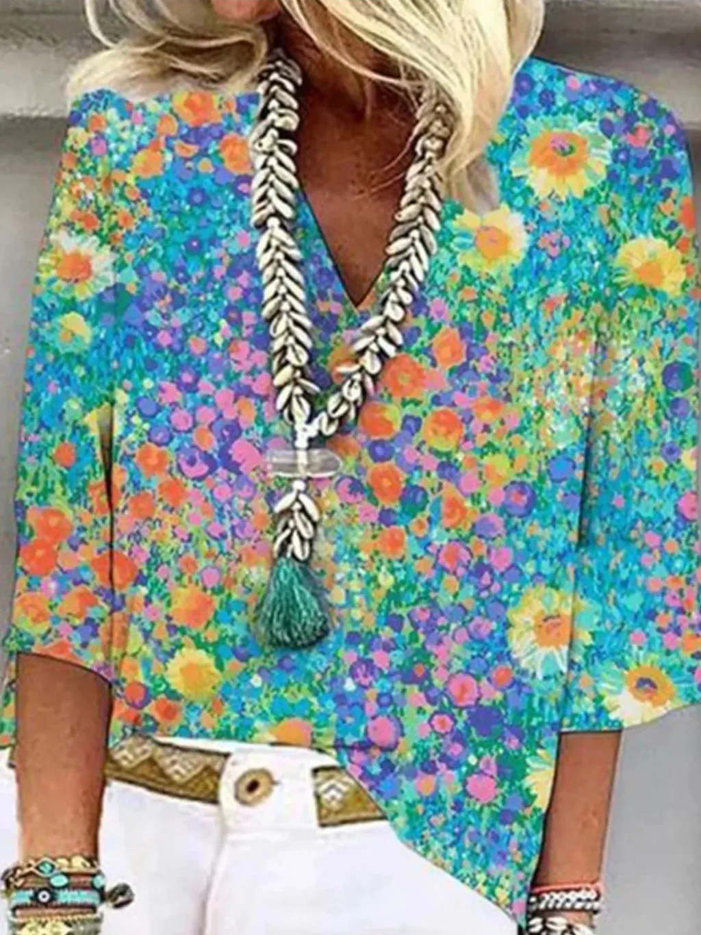 Women's European And American All-matching Printed Casual V-neck Shirt - Printed C-L