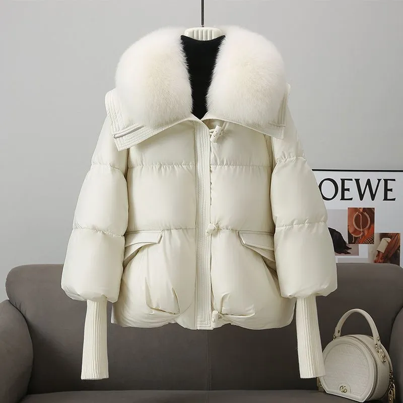 Down Cotton-padded Jacket Women's Short Fur Collar Thickened Coat Winter Clothing - White