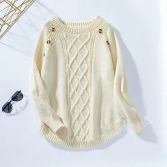 Women's Knitwear Button Loose Pullover Twisted Flower - Khaki - View 1