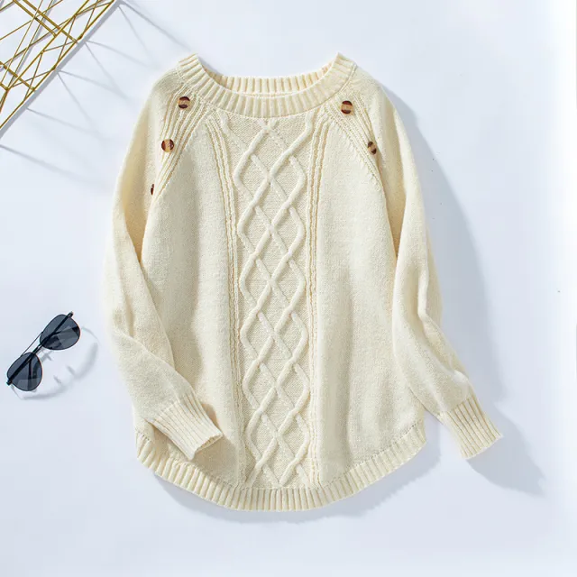 Women's Knitwear Button Loose Pullover Twisted Flower Khaki - Shop at LoveMi