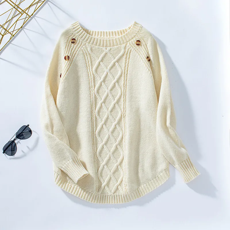 Women's Knitwear Button Loose Pullover Twisted Flower - Khaki