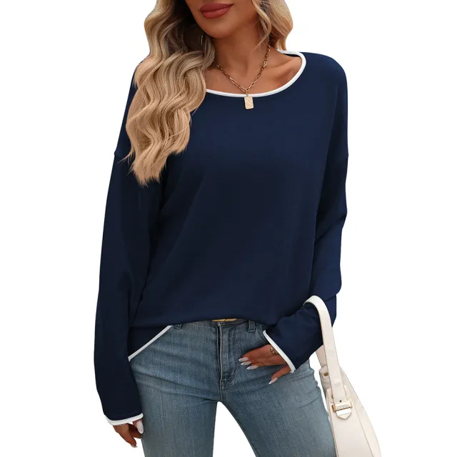 European And American Round Neck Color Jump Core Yarn Long Sleeve Sweater Navy - Shop at LoveMi