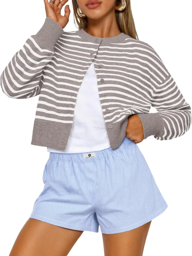 Buttoned Long sleeve Crew neck Solid color Cropped Knit Sweater Khaki White - Shop at LoveMi
