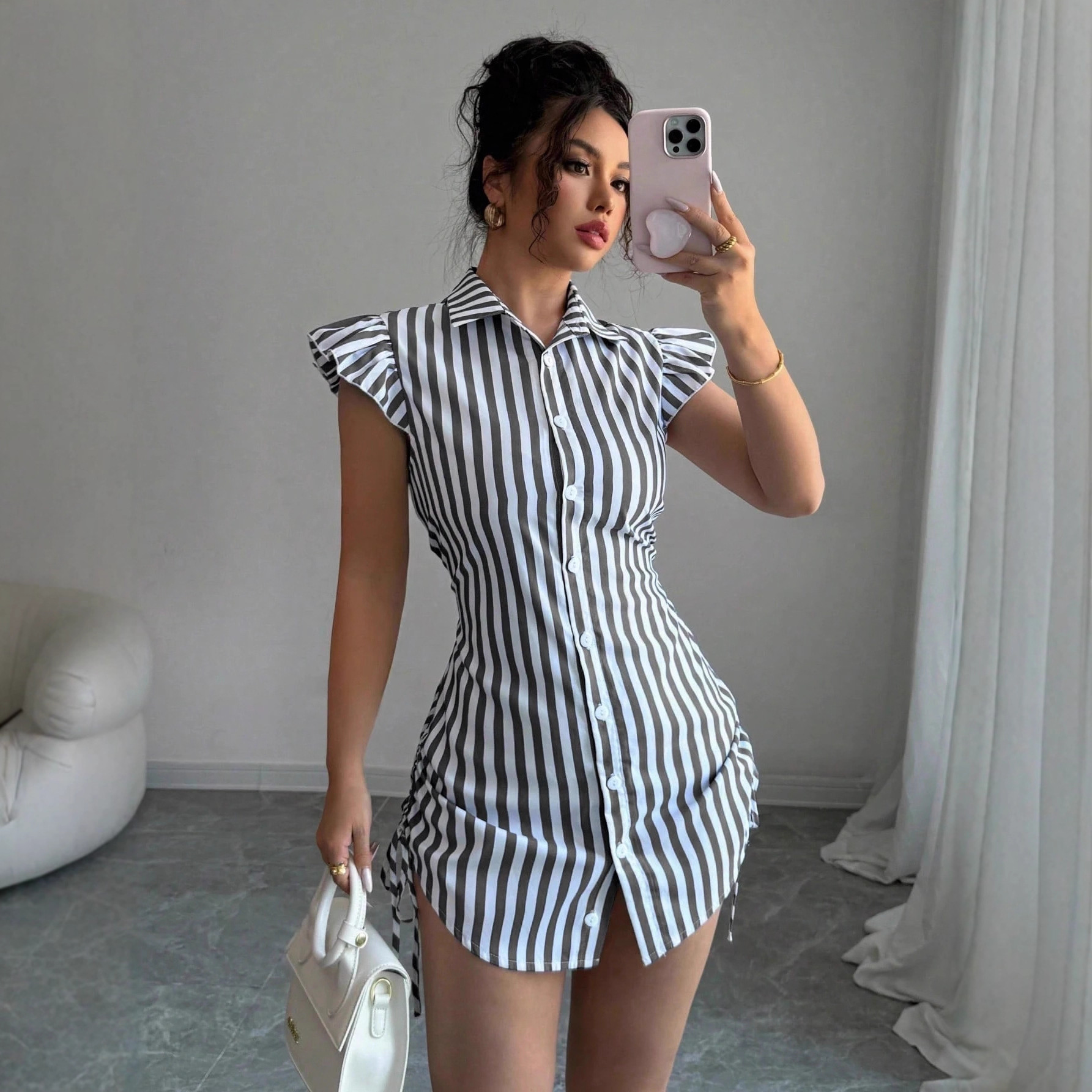 Striped Shirt-collar Casual Waist-cinched Chic Dress