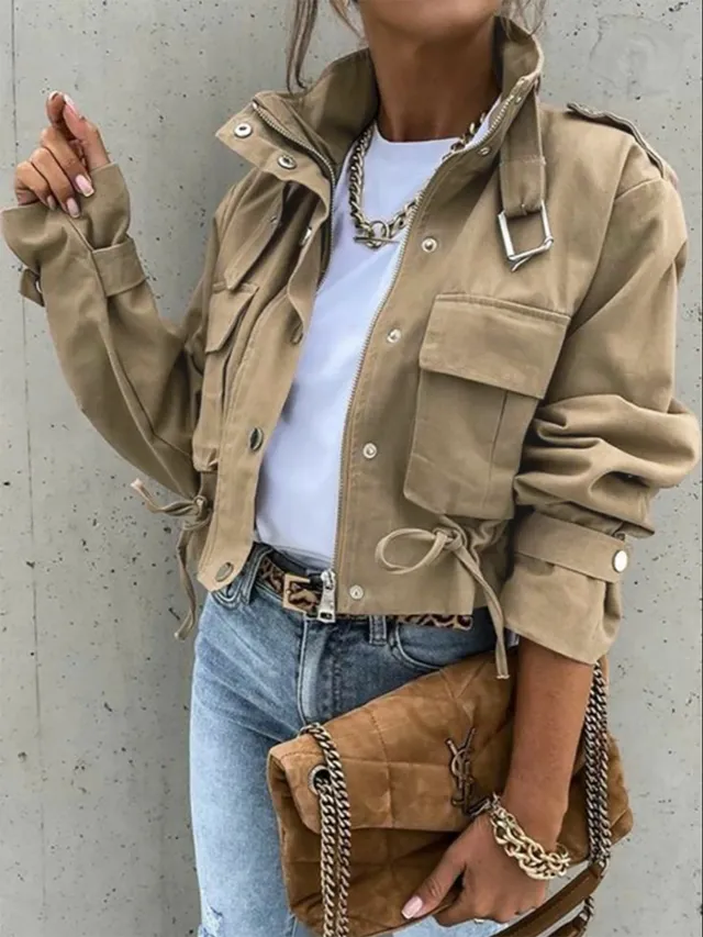 Single breasted Zipper Short Casual Long Sleeve Coat Khaki - Shop at LoveMi