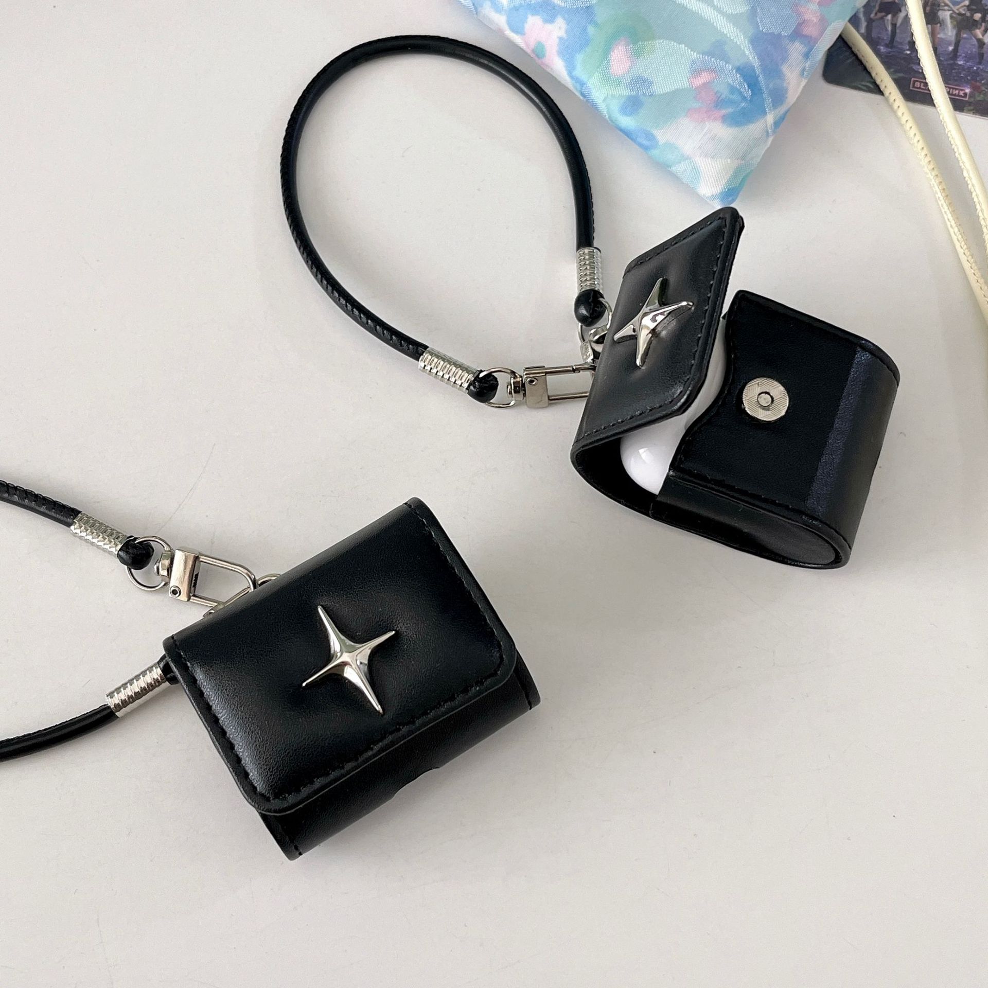 3D Star designed Leather Headphone Case With Lanyard