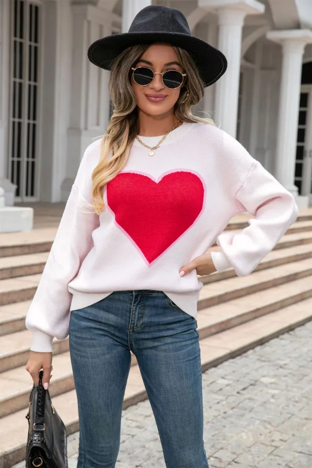 Round Neck Love Sweater Pullover Plus Size Peach Heart Sweater White - Shop at LoveMi