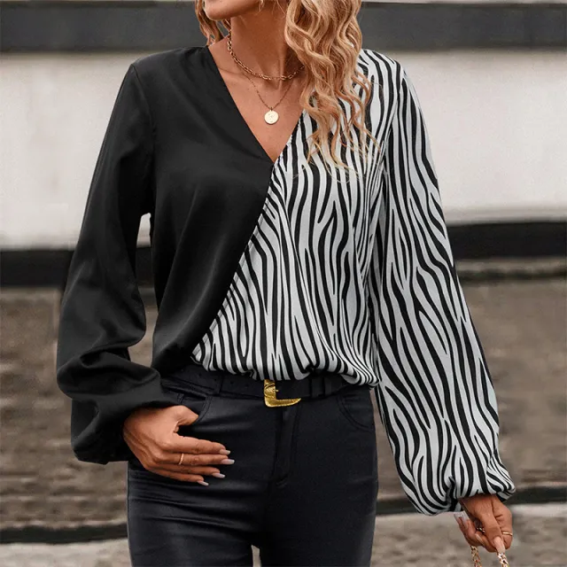 European And American Women's Clothing V neck Slim Fit Slimming Long Sleeves Shirt Black - Shop at LoveMi