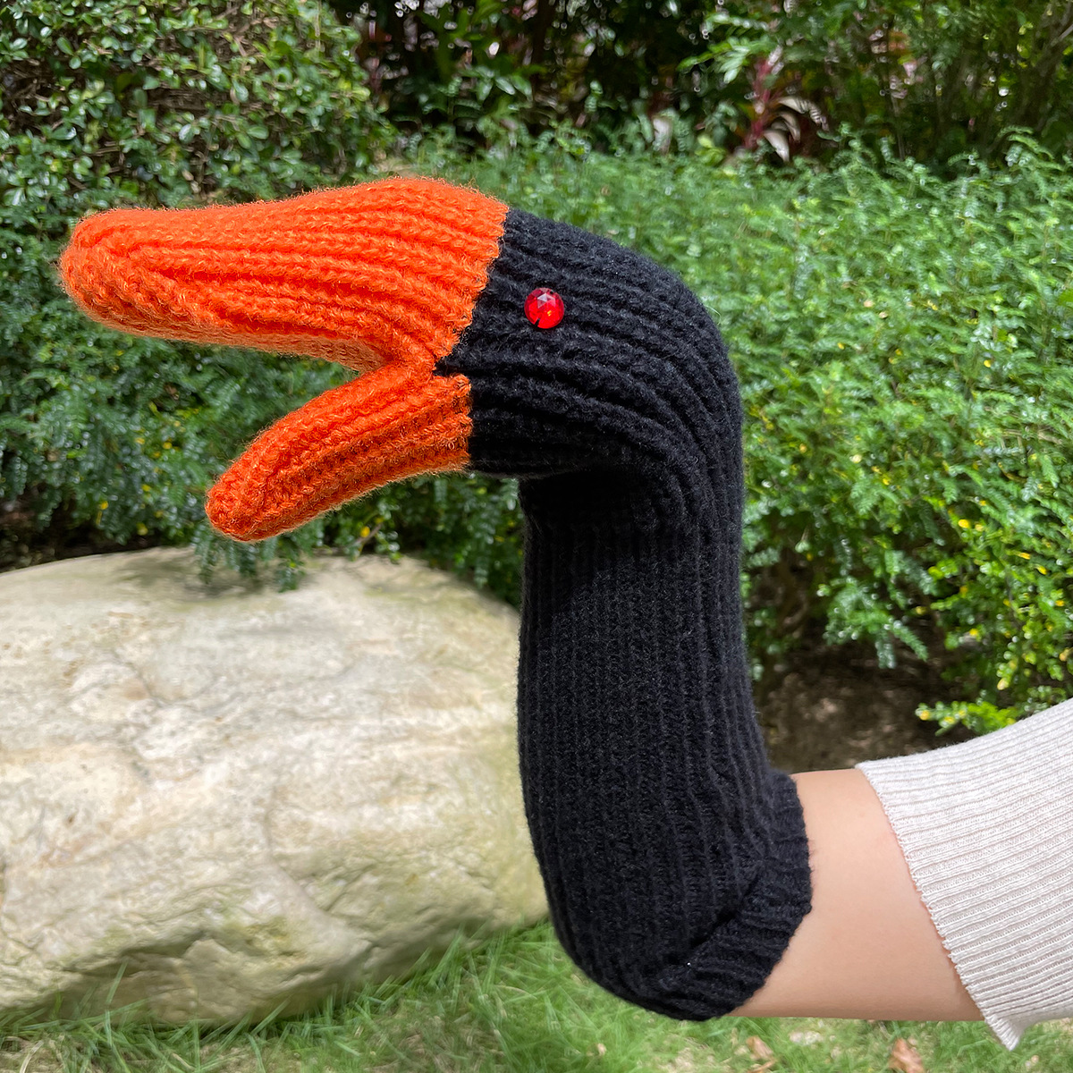 Cold Protection In Three-dimensional Swan Full Finger Gloves Knitted Wool Mittens – Orange Black Long Style, Free Size