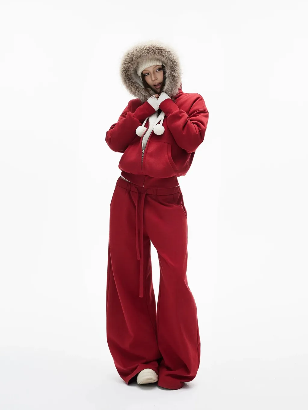 Women's Red Hooded Eco-Friendly Fleece-Lined Sweater Set With Faux Fur Collar - Red
