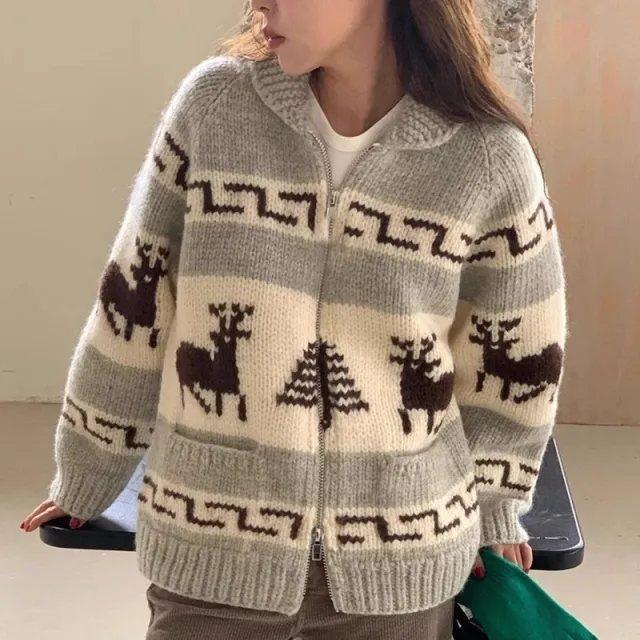 Korean Style New Christmas Atmosphere Zipper Sweater Gray - Shop at LoveMi
