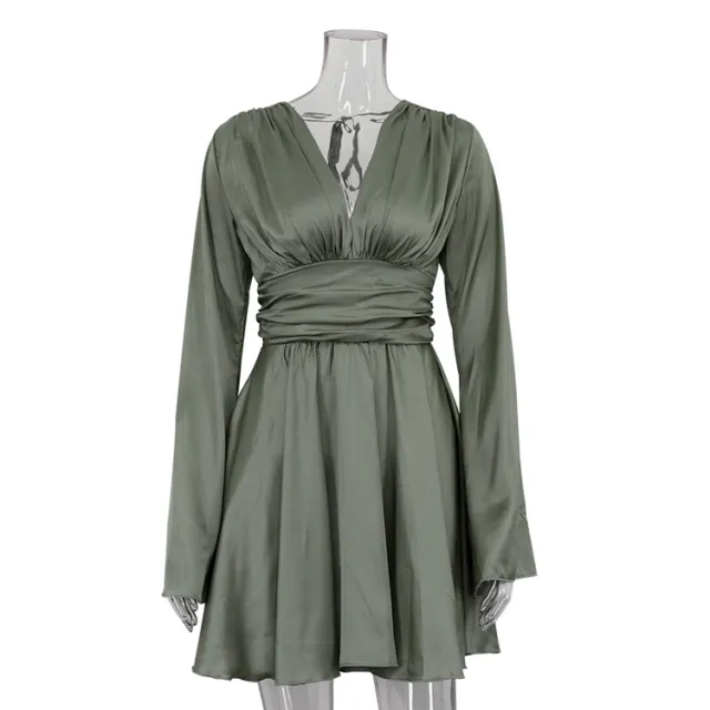 Female V neck Fitted Waist Flare sleeve Solid Color Backless French Dress Green - Shop at LoveMi