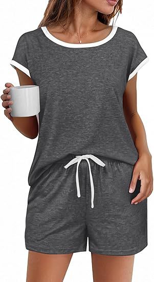 Short Sleeve Color block Crew Neck Top Waist Drawstring Suit Dark Gray - Shop at LoveMi
