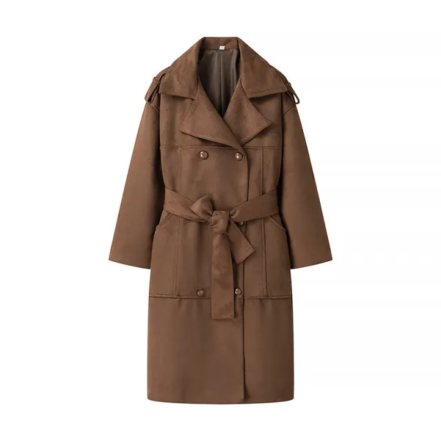 European And American Style Deerskin Velvet Lapel Double Breasted With Belt Trench Coat Brown - Shop at LoveMi
