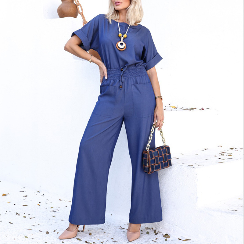 Women's Fashion Temperament Crew Neck Short-sleeved T-shirt Wide-leg Pants Suit