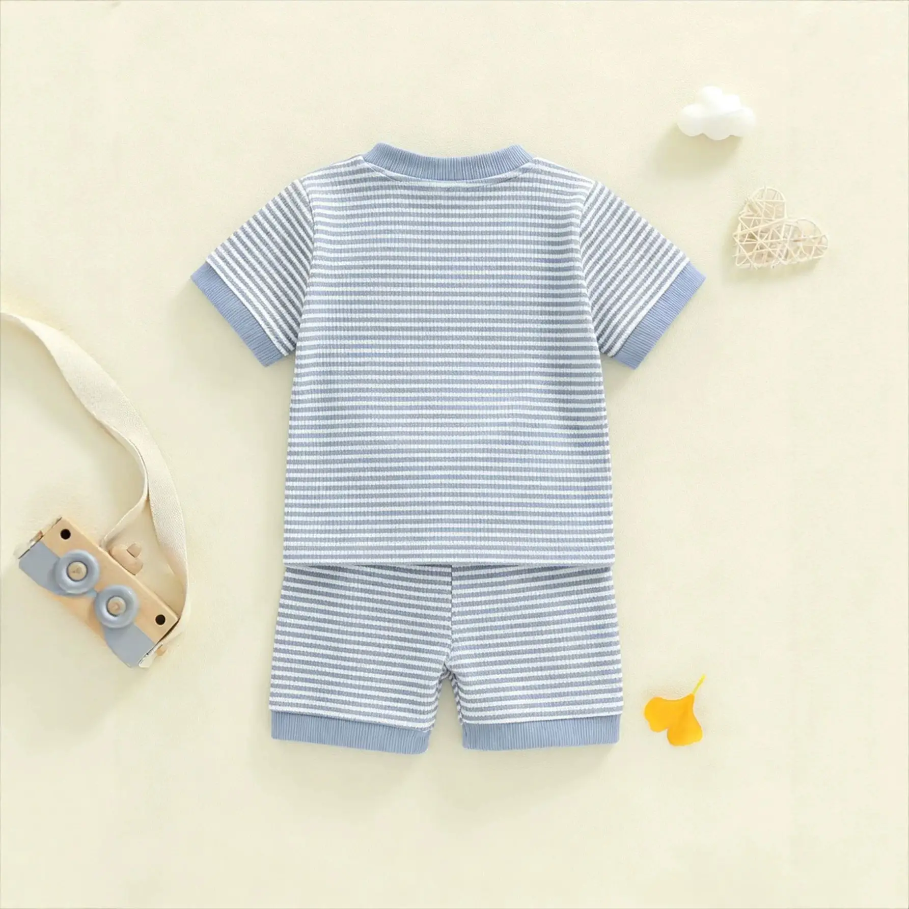 Casual Striped Waffle-knit Letter-embroidered Short-sleeve Top And Shorts