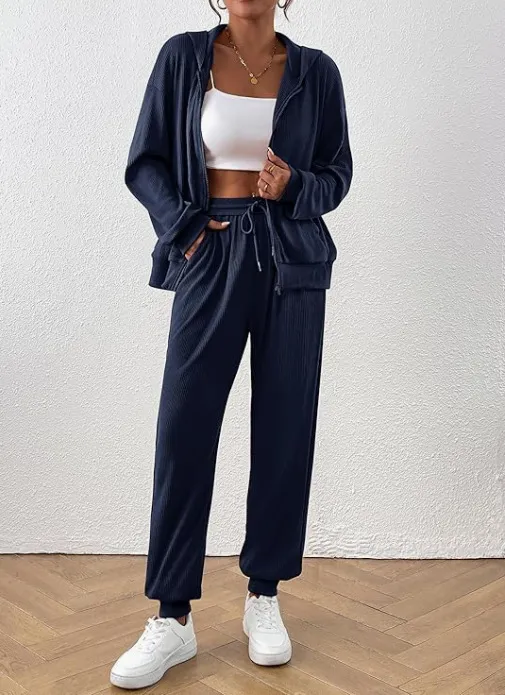 Women's Autumn Fashion Solid Color Suit Rib Sunken Stripe Navy Blue - Shop at LoveMi