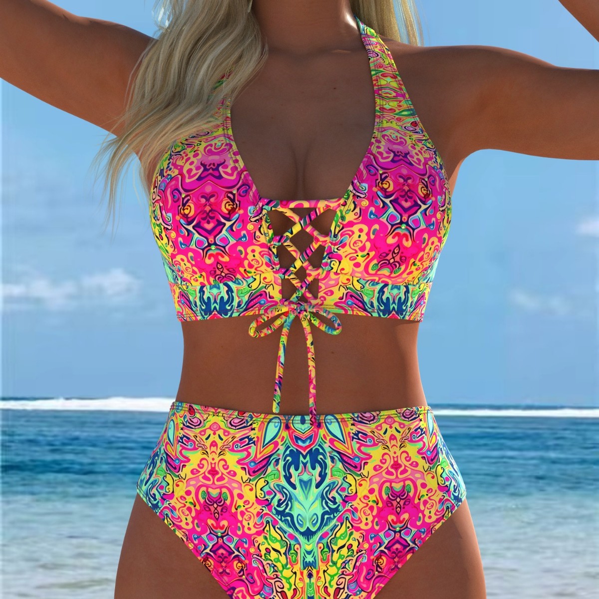 Womens Bikini With Floral Print Lace-up Backless Swimsuit
