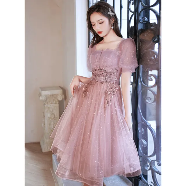 New Birthday Banquet Party Elegant Socialite Host Fairy Slim Evening Dress For Women Lotus Pink Short - Shop at LoveMi