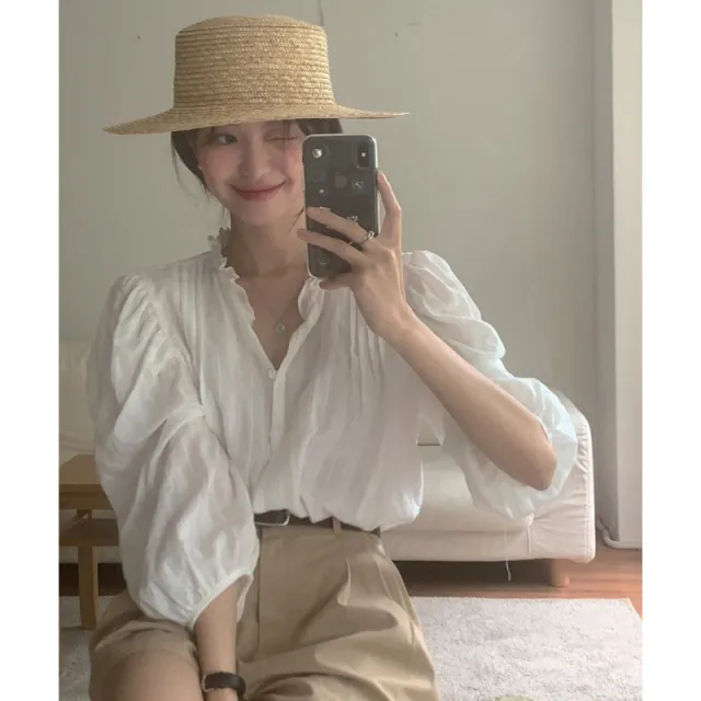 Sweet Ruffled V neck Solid Color Top White - Shop at LoveMi