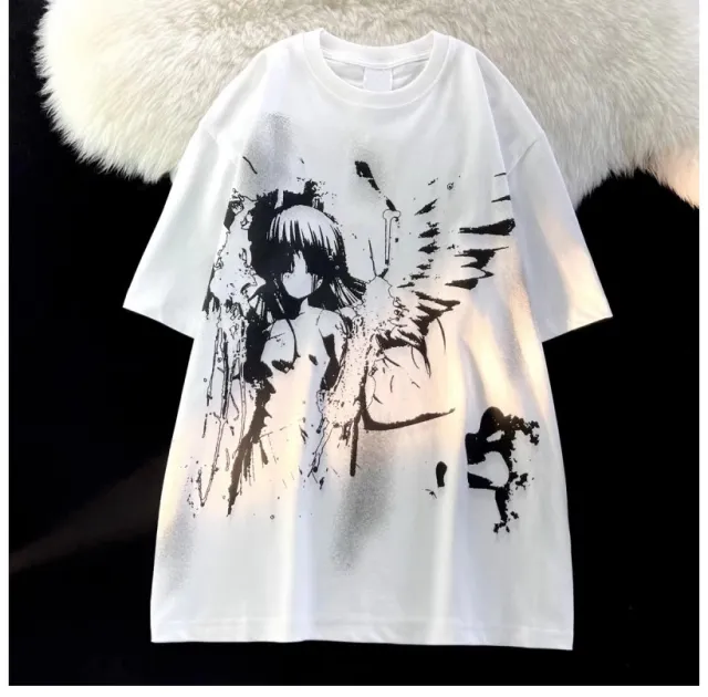 Splash ink Angel Cotton Short sleeved T shirt Men's And Women's Loose Top White - Shop at LoveMi