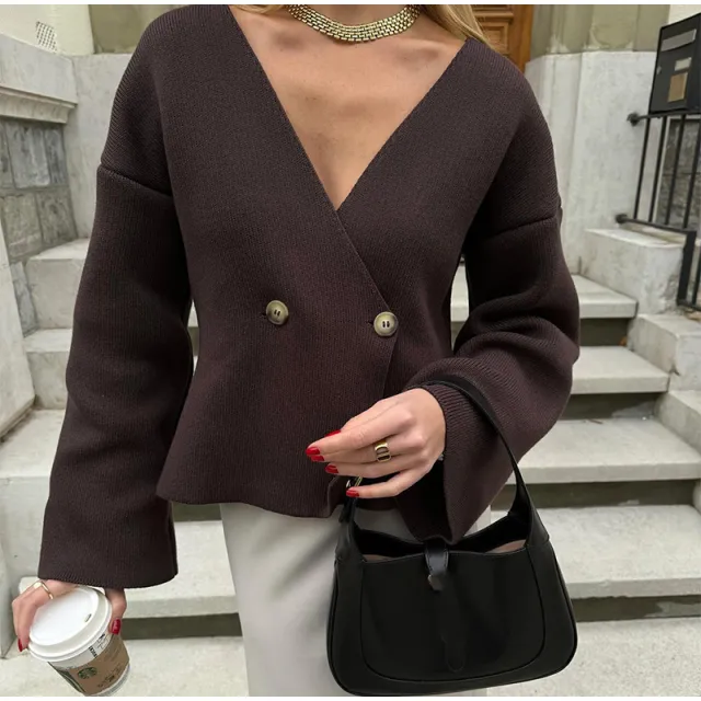 Solid Color Long Sleeve Knitted Cardigan Sweater Top Brown - Shop at LoveMi
