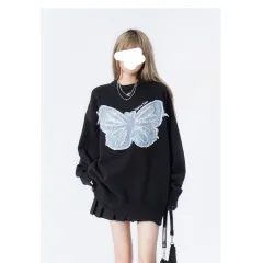 Women's Niche Butterfly American Retro Denim Embroidered Sweater - Black - View 1