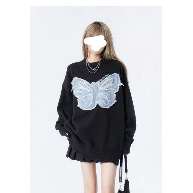 Women's Niche Butterfly American Retro Denim Embroidered Sweater Black - Shop at LoveMi