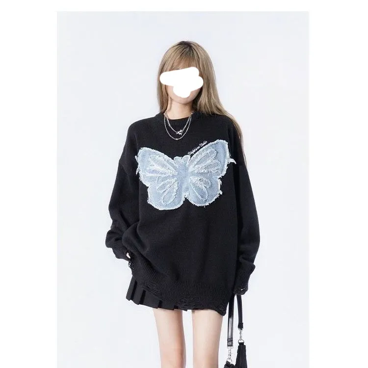 Women's Niche Butterfly American Retro Denim Embroidered Sweater - Black