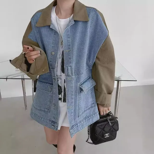 All matching Fashion Color Contrast Stitching Denim Baggy Coat Women Khaki - Shop at LoveMi