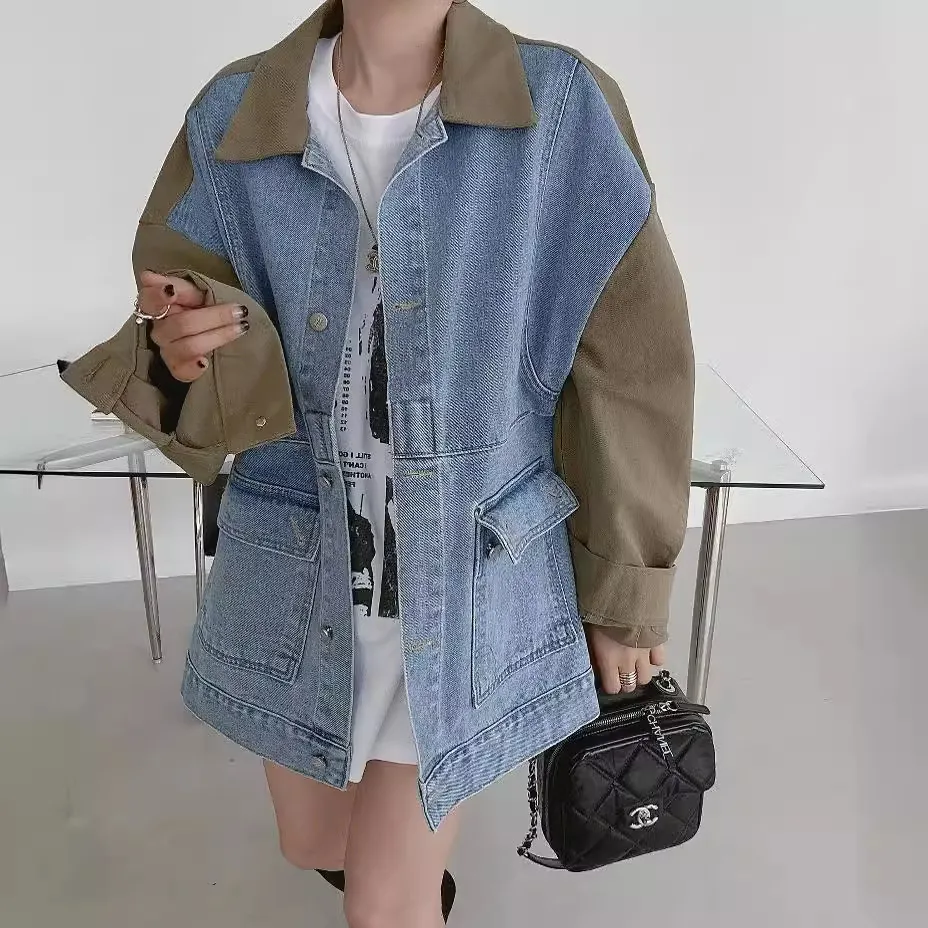 All-matching Fashion Color Contrast Stitching Denim Baggy Coat Women - Khaki