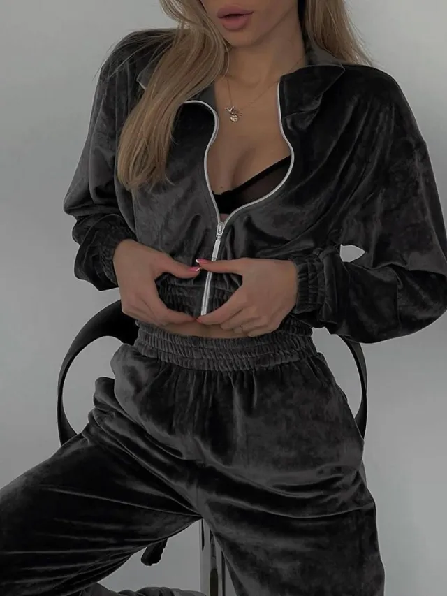 Women's Long sleeved Lapel Zipper Cardigan Sweater Dark Gray - Shop at LoveMi