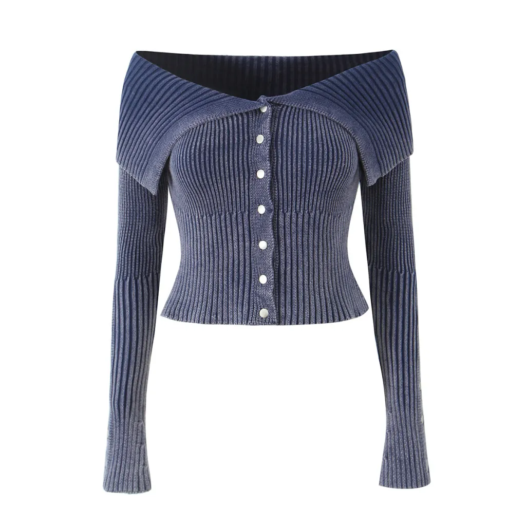Women's Off-shoulder Sweater With Large Lapel Design - Blue
