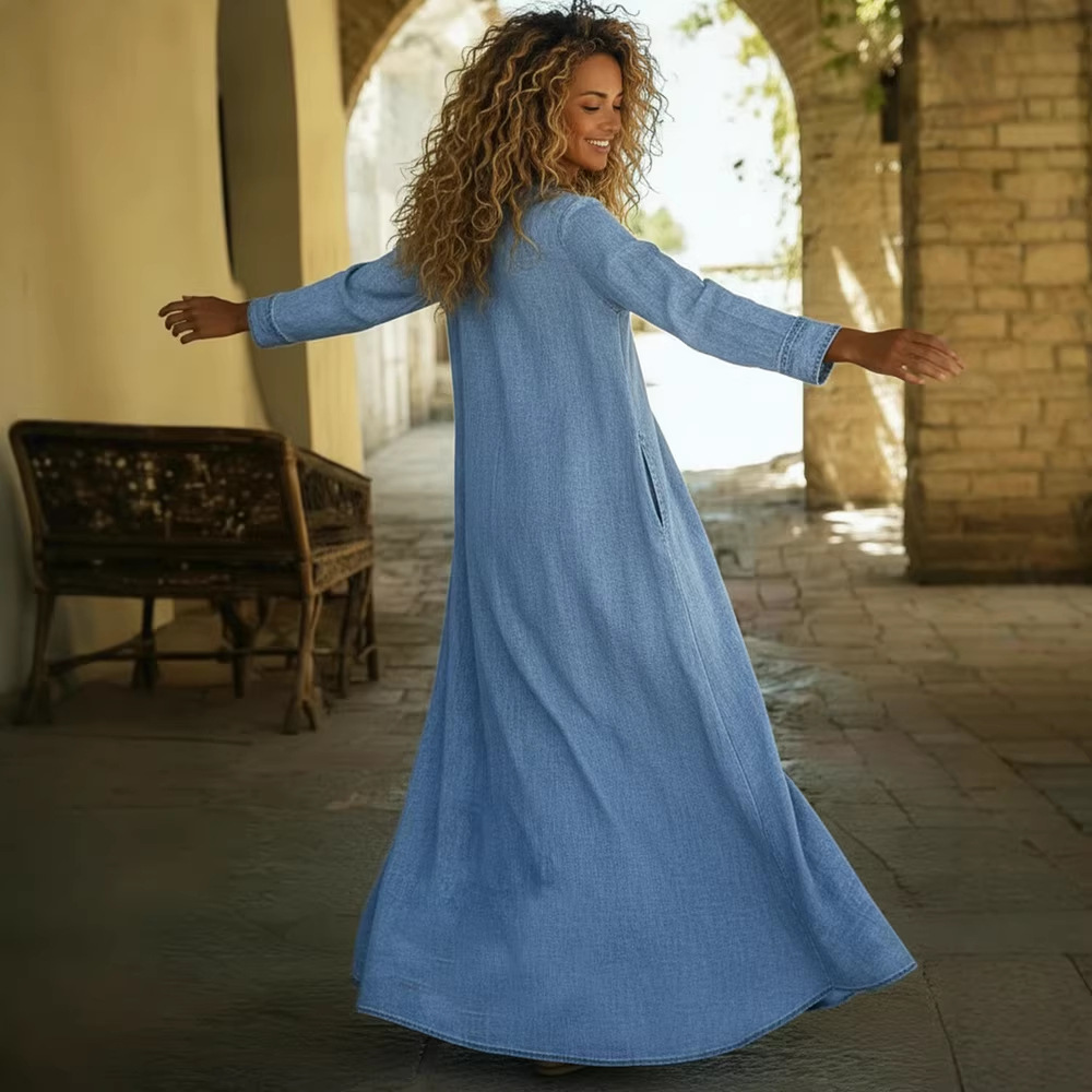 Loose And Comfortable V-neck Denim Maxi Dress With Pockets