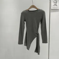 Irregular Slit Waist-tight Strap Long-sleeved T-shirt Women - Grey - View 1