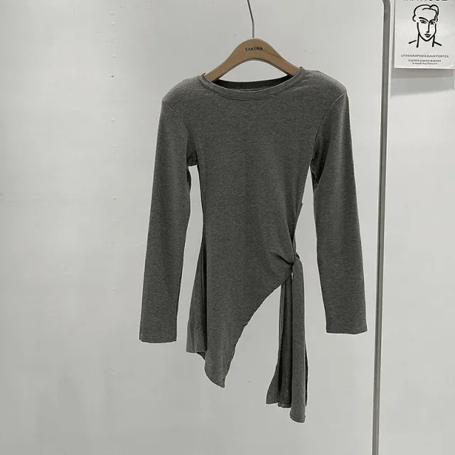 Irregular Slit Waist tight Strap Long sleeved T shirt Women Gray - Shop at LoveMi