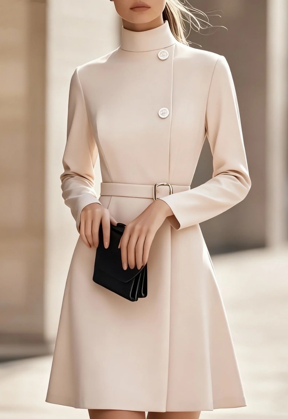 Autumn And Winter High collar Temperament Commuting Waist slimming A line Midi Dress For Women Apricot - Shop at LoveMi