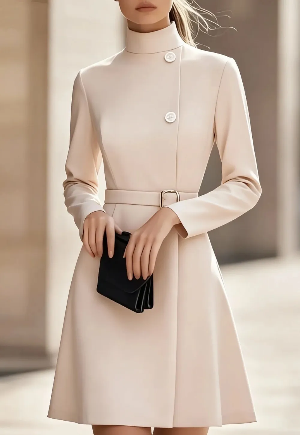Autumn And Winter High-collar Temperament Commuting Waist-slimming A-line Midi Dress For Women - Apricot