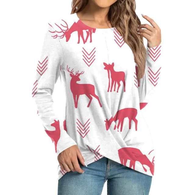Women's Fashion Casual Christmas Element Printing Round Neck Long Sleeve Top White - Shop at LoveMi