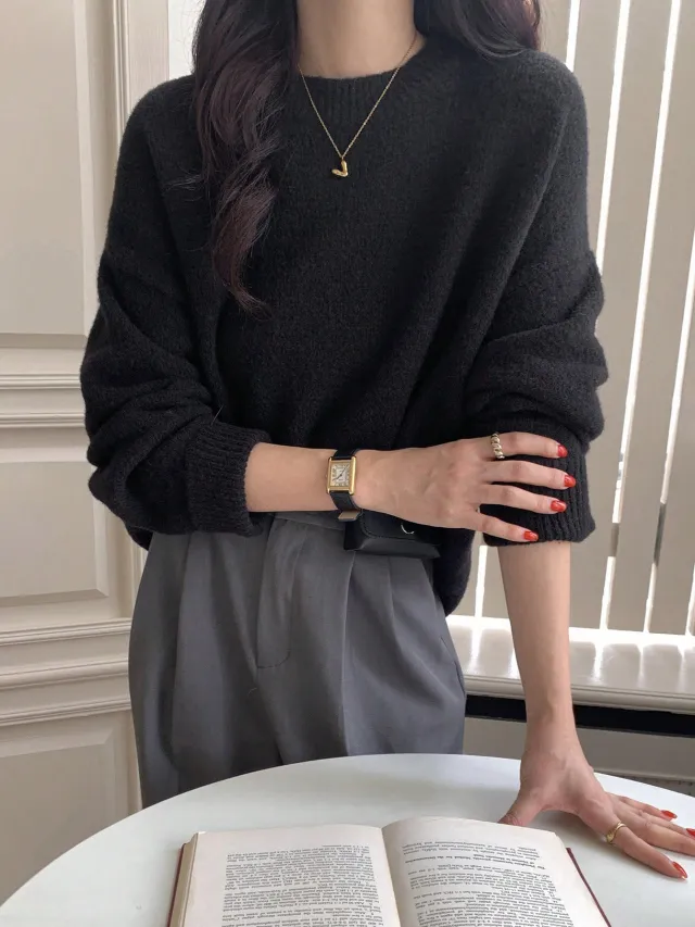 Loose All matching Lazy Style Solid Color Trendy Top Black - Shop at LoveMi