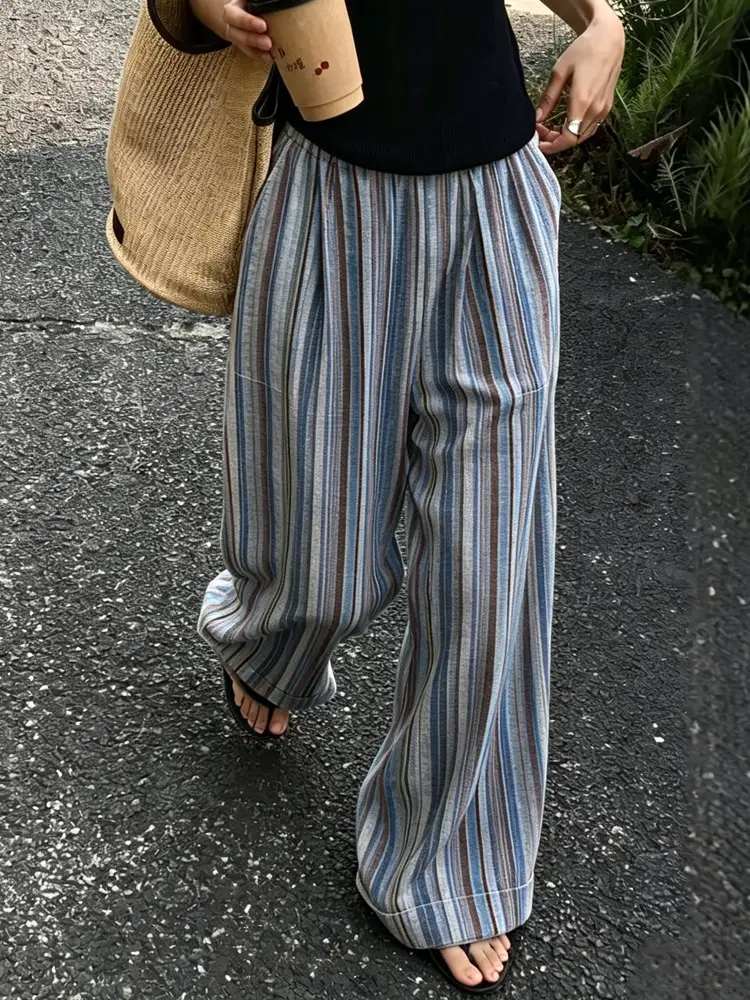 Womens Literary Striped Printed Patch-Pocket Elastic-Waist Wide-Leg Pants