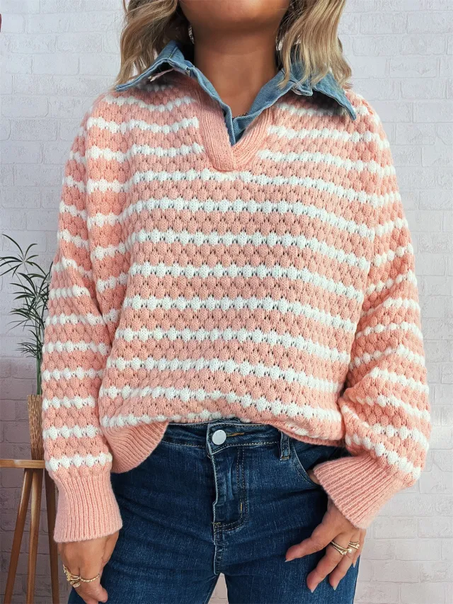 Women's Denim Patchwork Lapel Knitted Stripe Color Block Fake Two piece Sweater Pink - Shop at LoveMi