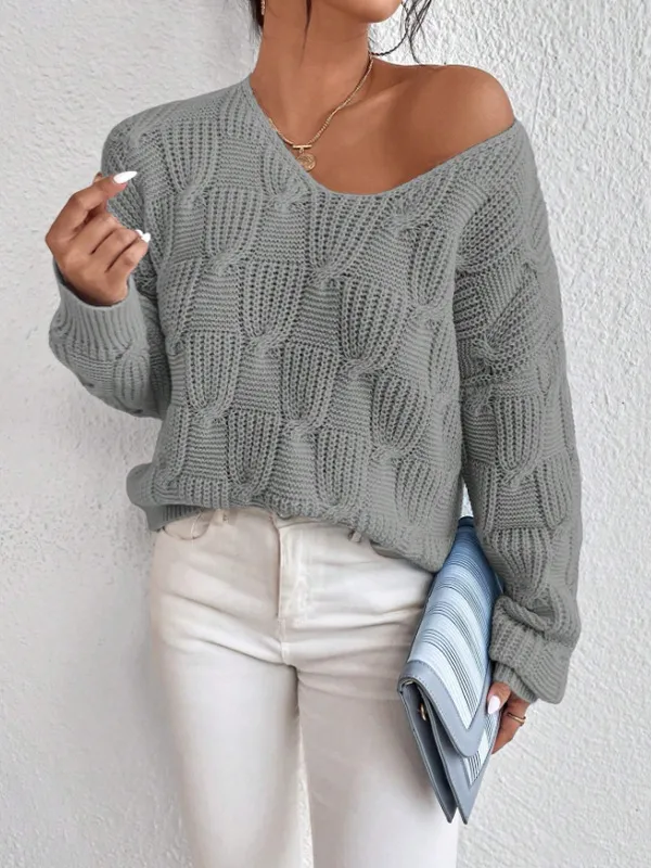 Loose Knitwear V neck Solid Color Pullover Sweater Gray - Shop at LoveMi