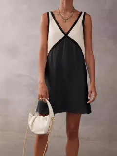 Women's V-neck Loose-fitting Sleeveless Shirt Color-matching Dress - Black - View 1