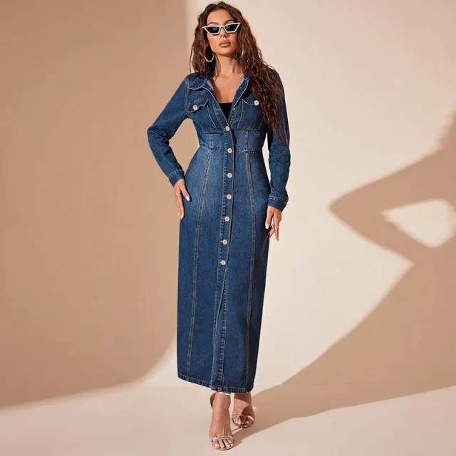 Denim Button Cardigan Jacket Dress Dark Blue - Shop at LoveMi