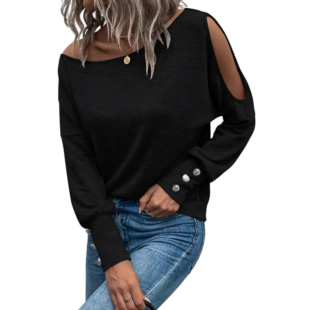 Solid Color Hollow out Long sleeved Top Black - Shop at LoveMi