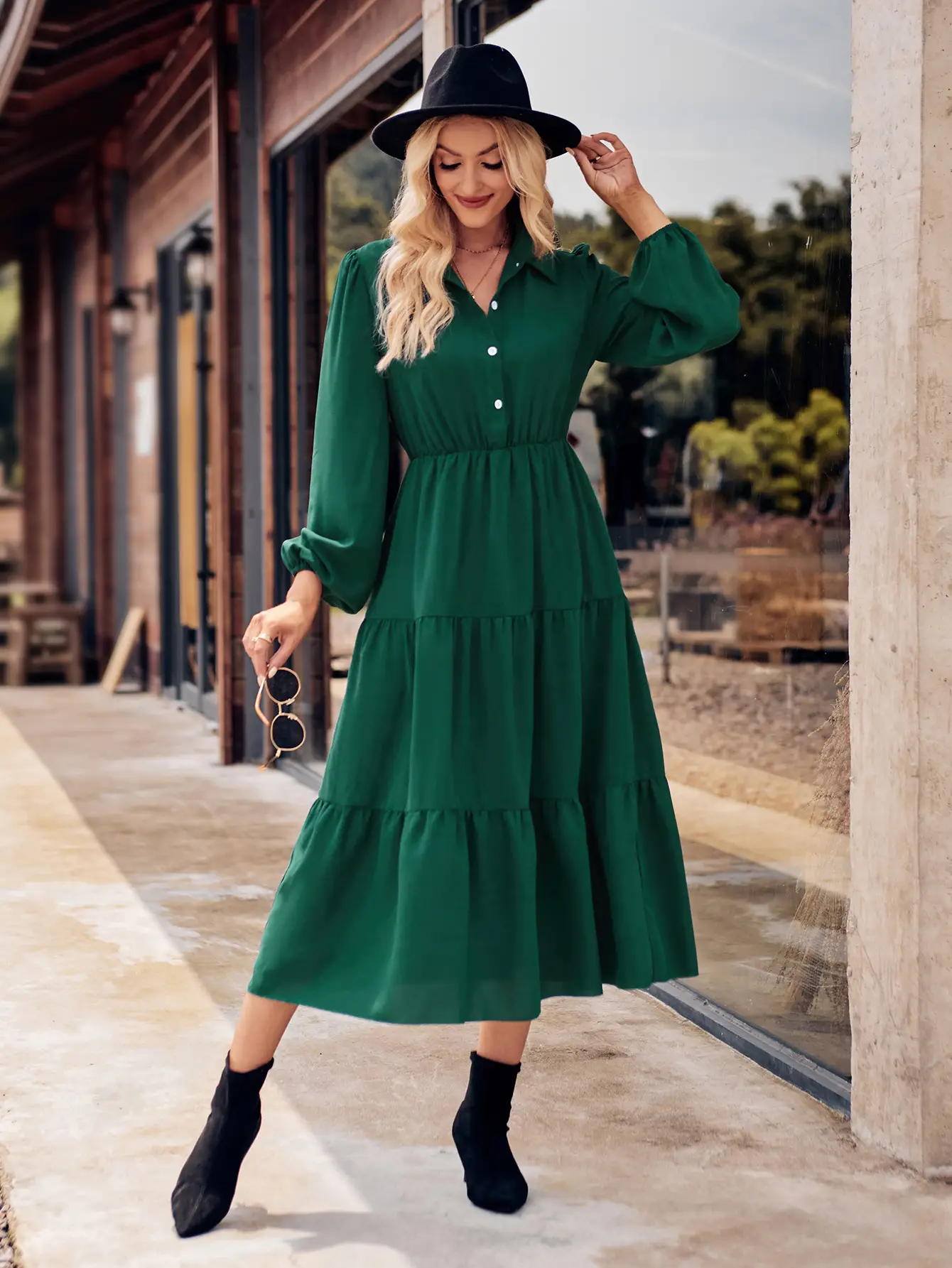 Solid Color Casual Shirt Collar Waist-controlled Long Sleeves Dress